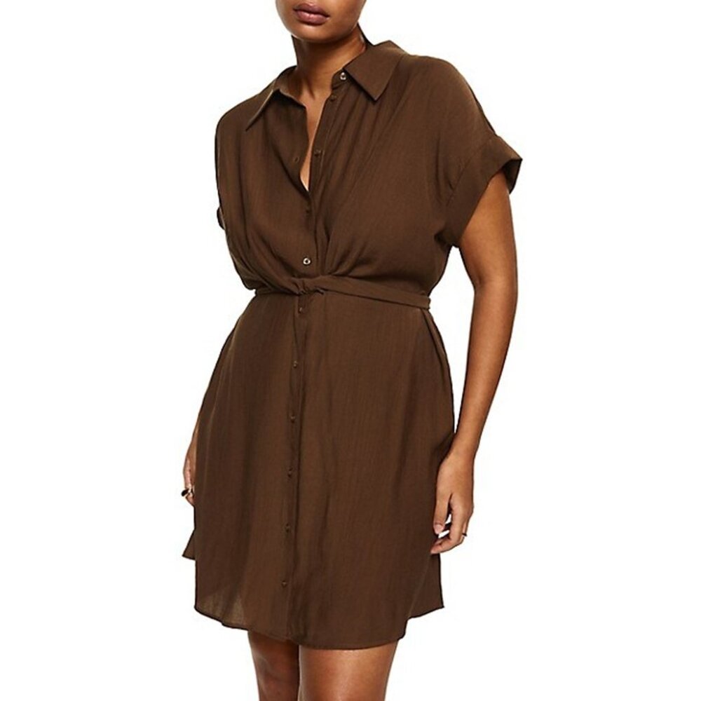 Mango Bow-Front Shirtdress - Size 2 - Dark Brown (NWOT)